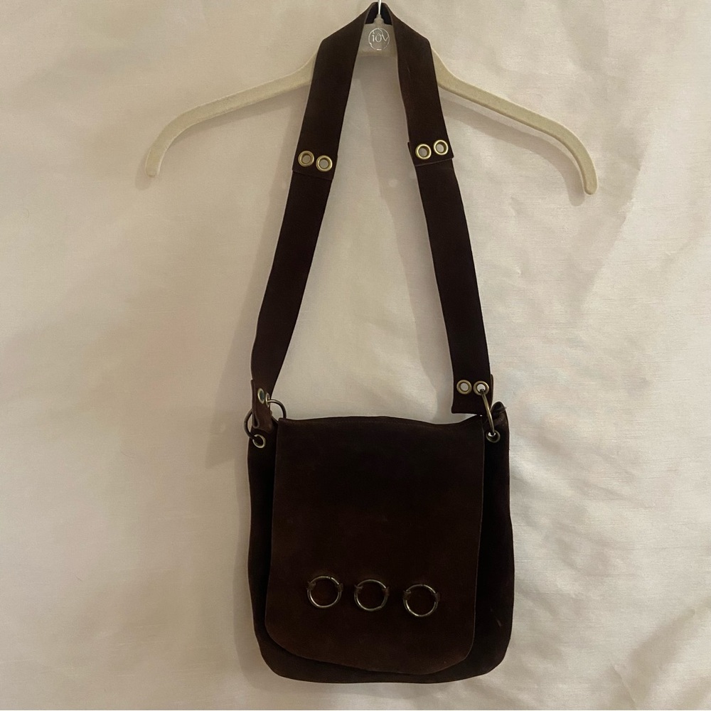 Brown Suede Crossbody Shoulder Bag with Ring Accent
